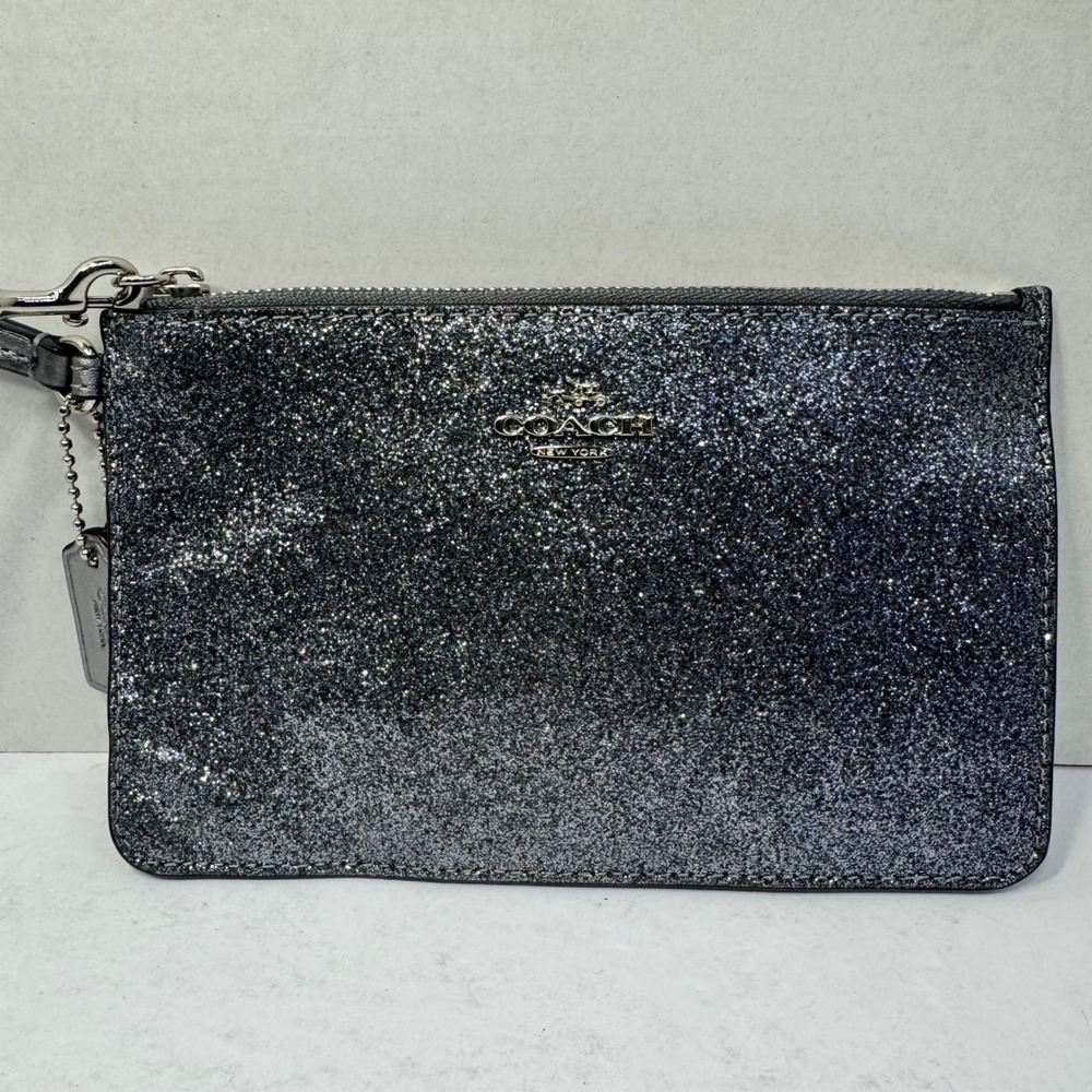 Coach Gunmetal Silver Glitter Wristlet Clutch Wallet #G1595-F64670 July 2015 EUC